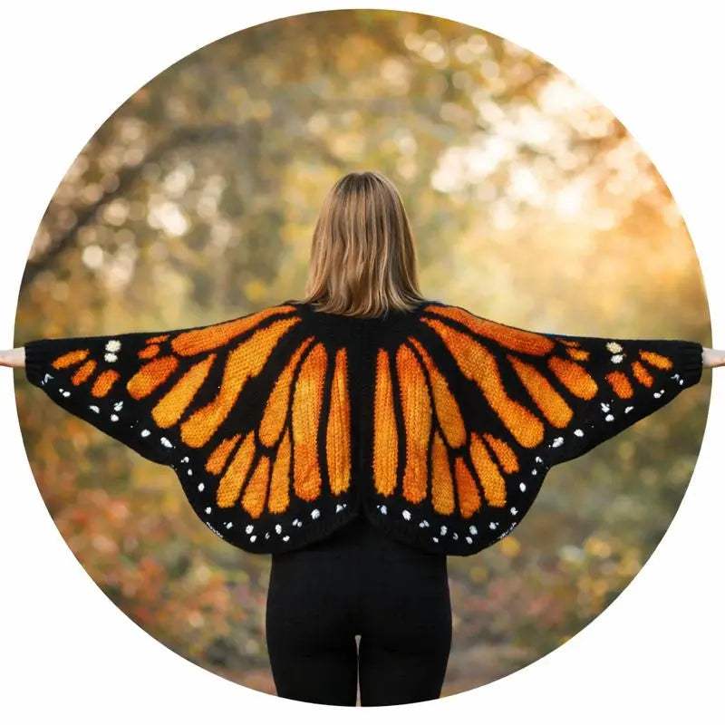 Monarch Butterfly Häkel-Cardigan-Cape – Handgehäkelter Oversize Poncho mit Flügel-Design in Orange/Schwarz | Kuschelig & Statement-Look | Jetzt -20% Angebot