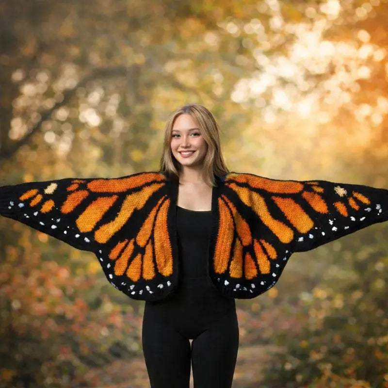 Monarch Butterfly Häkel-Cardigan-Cape – Handgehäkelter Oversize Poncho mit Flügel-Design in Orange/Schwarz | Kuschelig & Statement-Look | Jetzt -20% Angebot