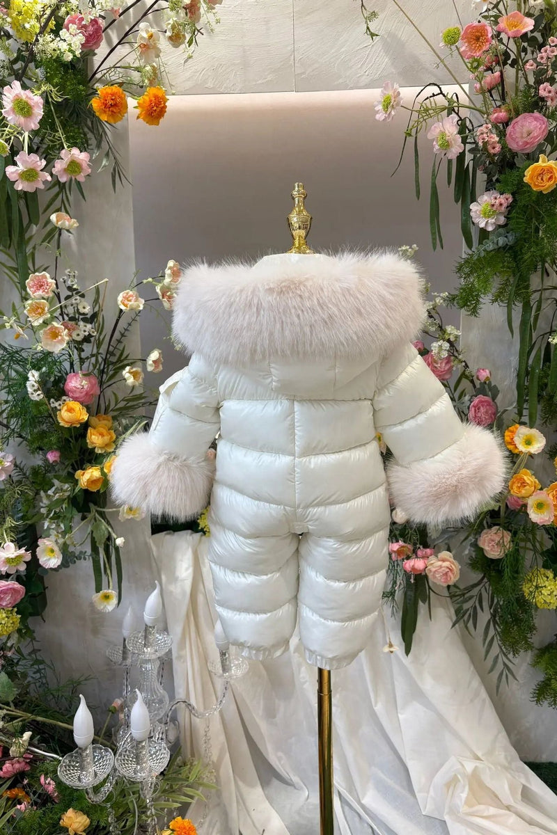 Combinaison de neige bébé douillette avec capuche en fourrure amovible – Crème, réduction de Noël 🎄