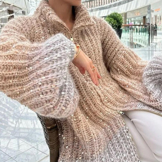 🎅Frühweihnachtsangebote – 55 % RABATT🎄Strickpulloverjacke mit einfarbigen Pailletten