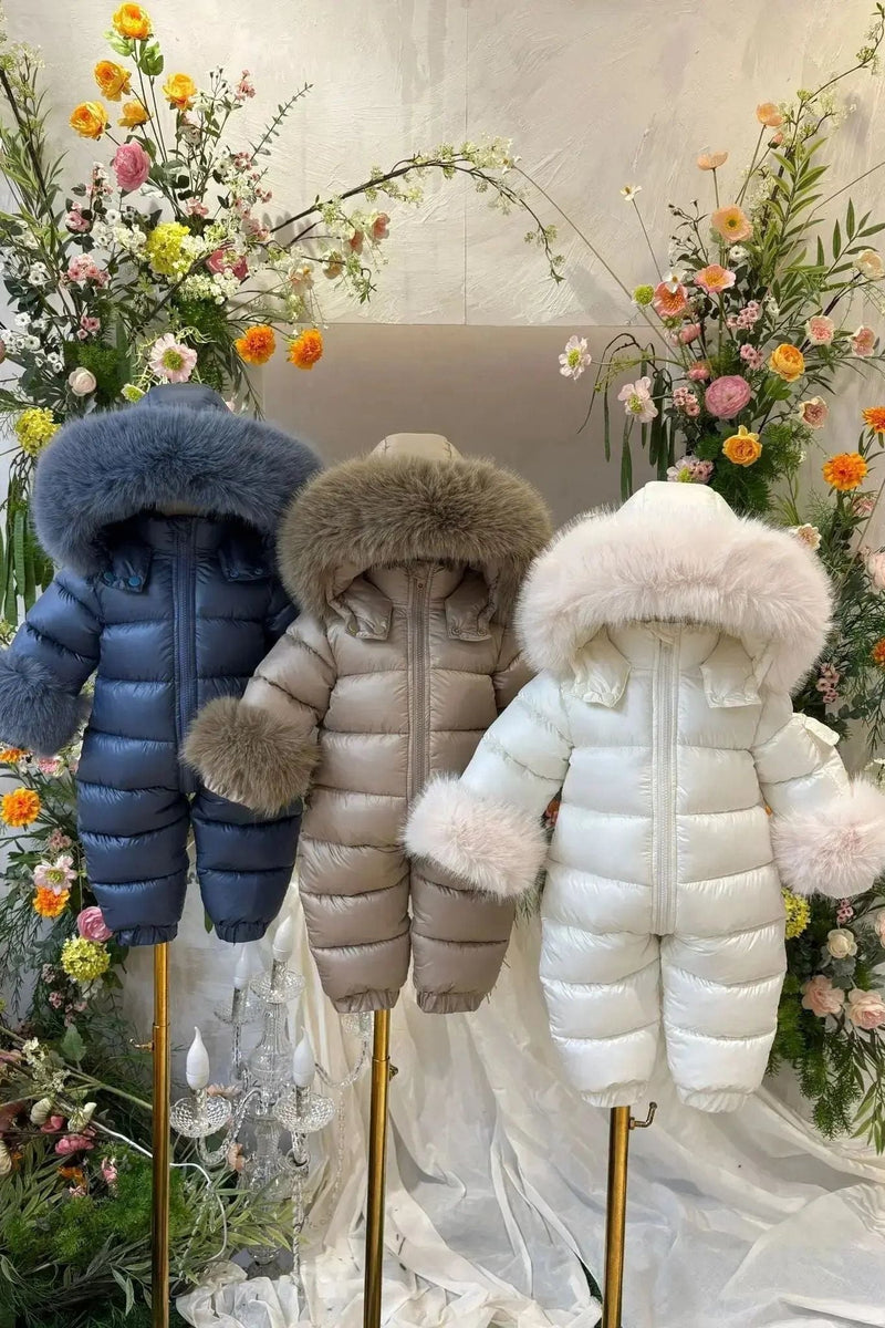 Combinaison de neige bébé douillette avec capuche en fourrure amovible – Crème, réduction de Noël 🎄