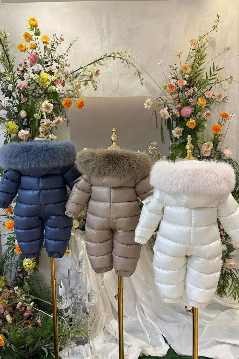 Combinaison de neige bébé douillette avec capuche en fourrure amovible – Crème, réduction de Noël 🎄