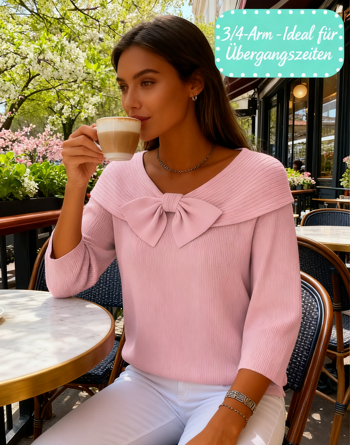 🎀🧶 Kuschelwohl Damen Strickpullover mit großer Schleife – V-Ausschnitt, weich & feminin