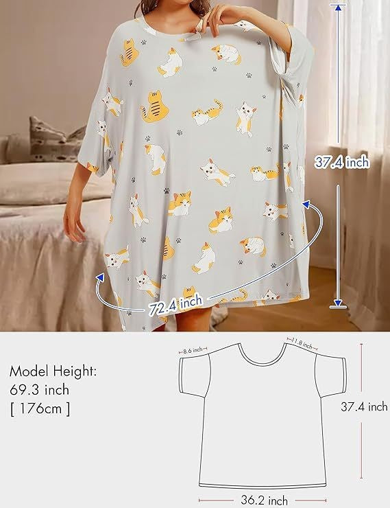 Plus Size Ultraweiches Oversize-Hemd-Schlafanzug mit Taschen