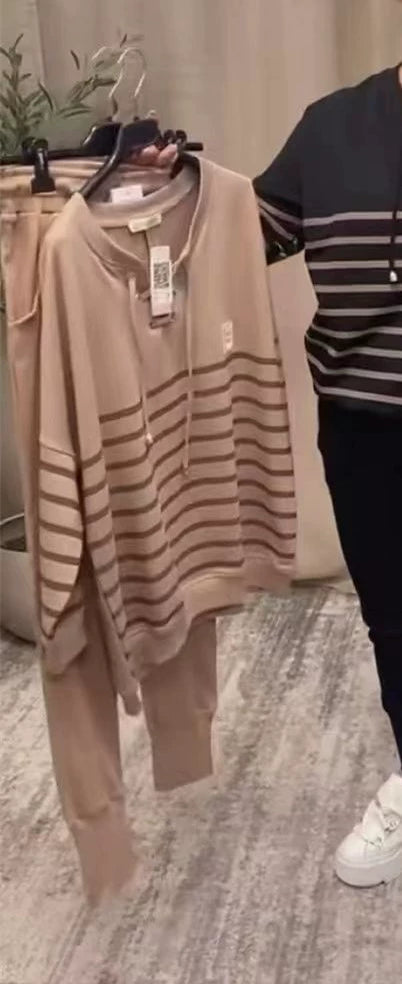 ✨ Lässiges Set aus gestreiftem Oberteil und knöchellanger Hose – Hose mit hoher Taille zum Abnehmen, vielseitig für den Alltag/Besorgungen/Lounge