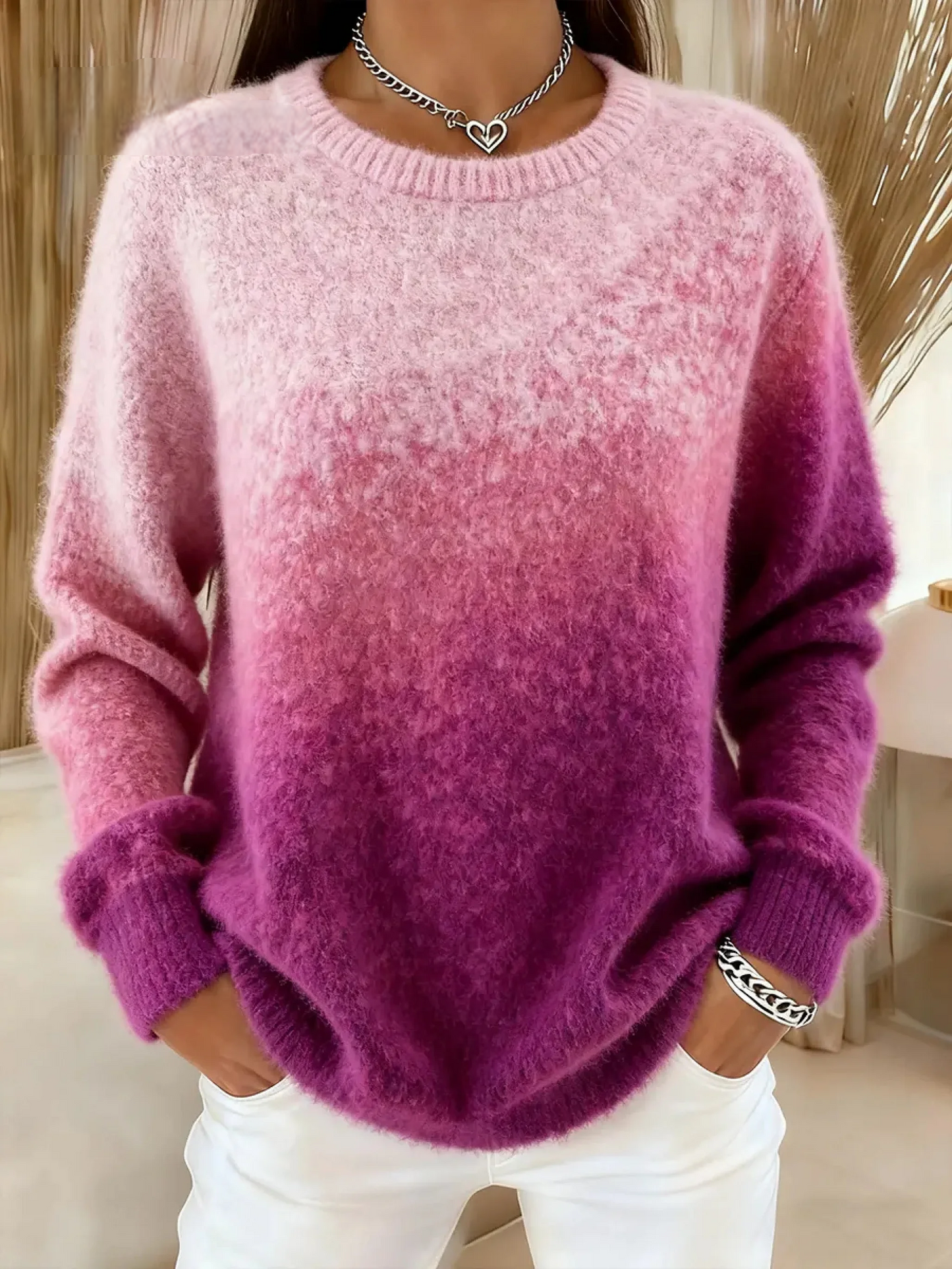 Pull en maille confortable pour femme, avec dégradé de couleurs et col rond.