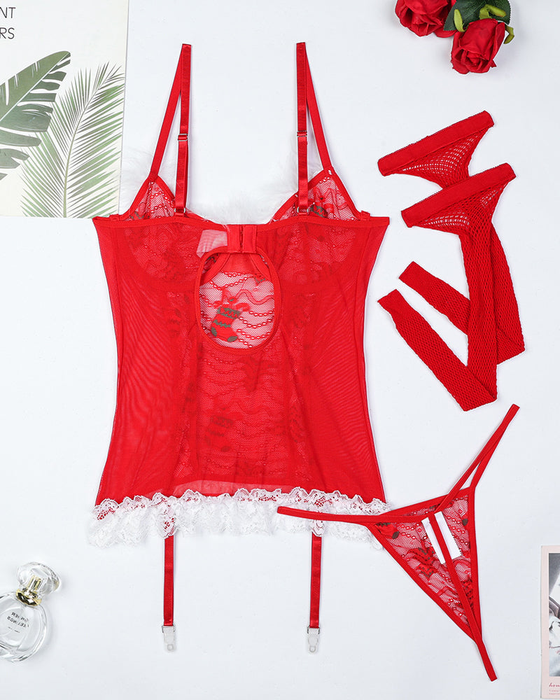 Sexy Weihnachts-Dessous-Set aus durchsichtiger Spitze und Strümpfen– 40% Weihnachts-Rabatt