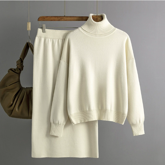 Ensemble deux pièces en maille, élégant, confortable et douillet (col roulé et jupe) – Grande vente de Noël 🎄 