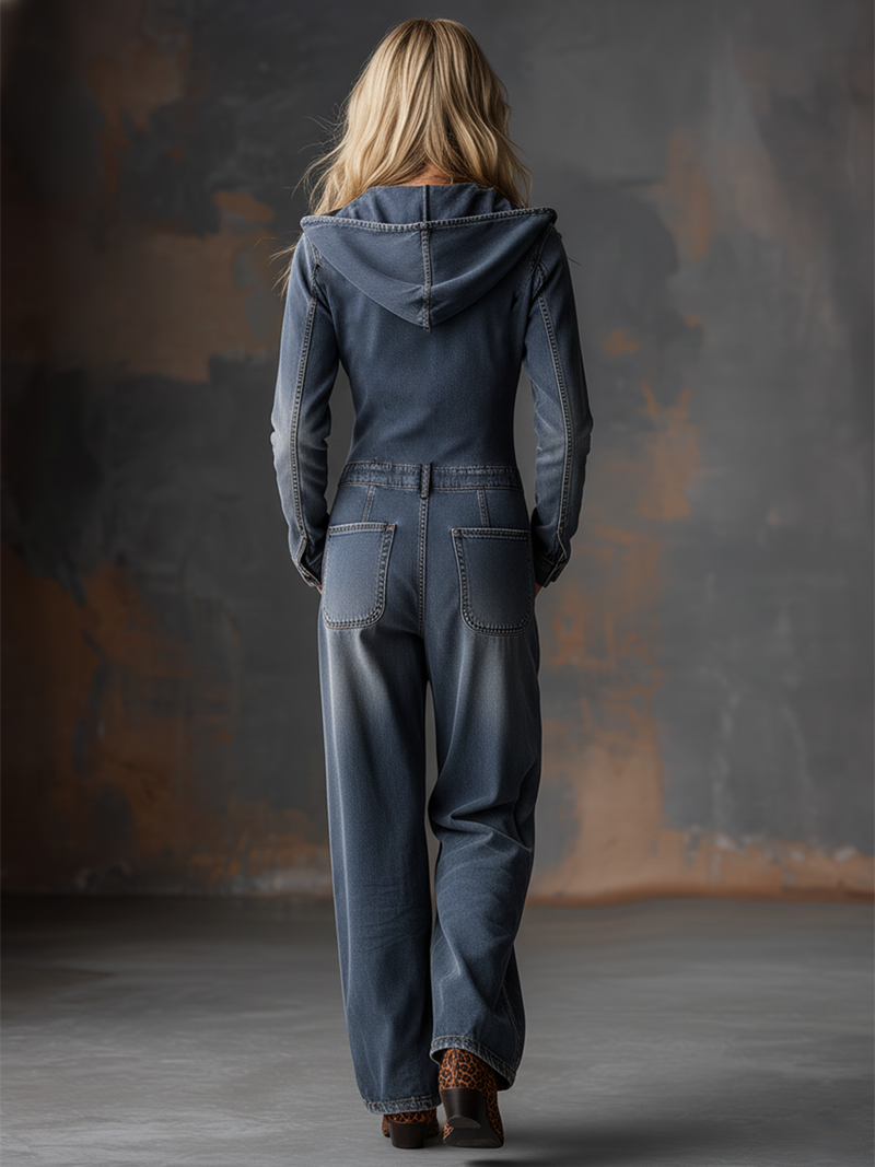 Retro-Jumpsuit mit Kapuze aus grau-blauem Denim und Frontreißverschluss
