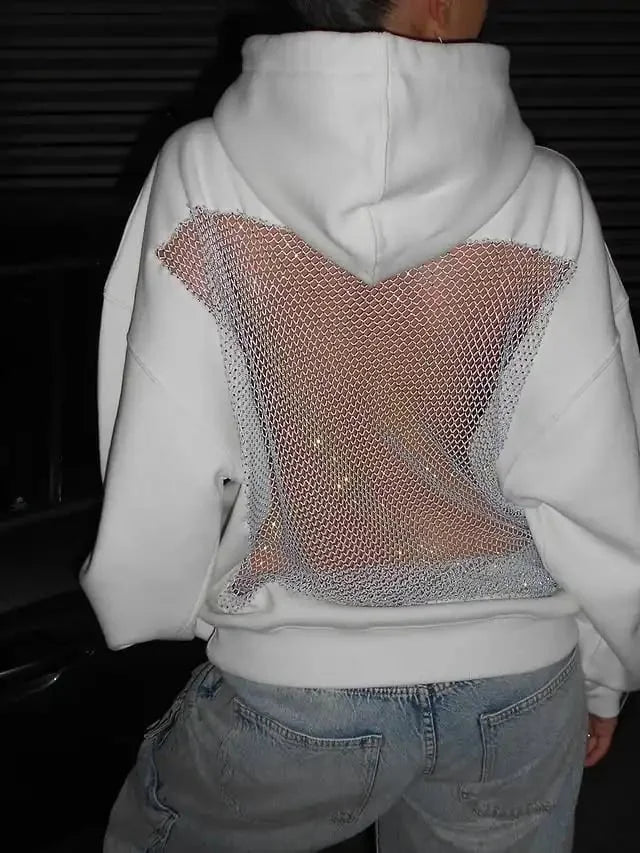 Damen-Hoodie aus Glitzer-Mesh mit offenem Rücken