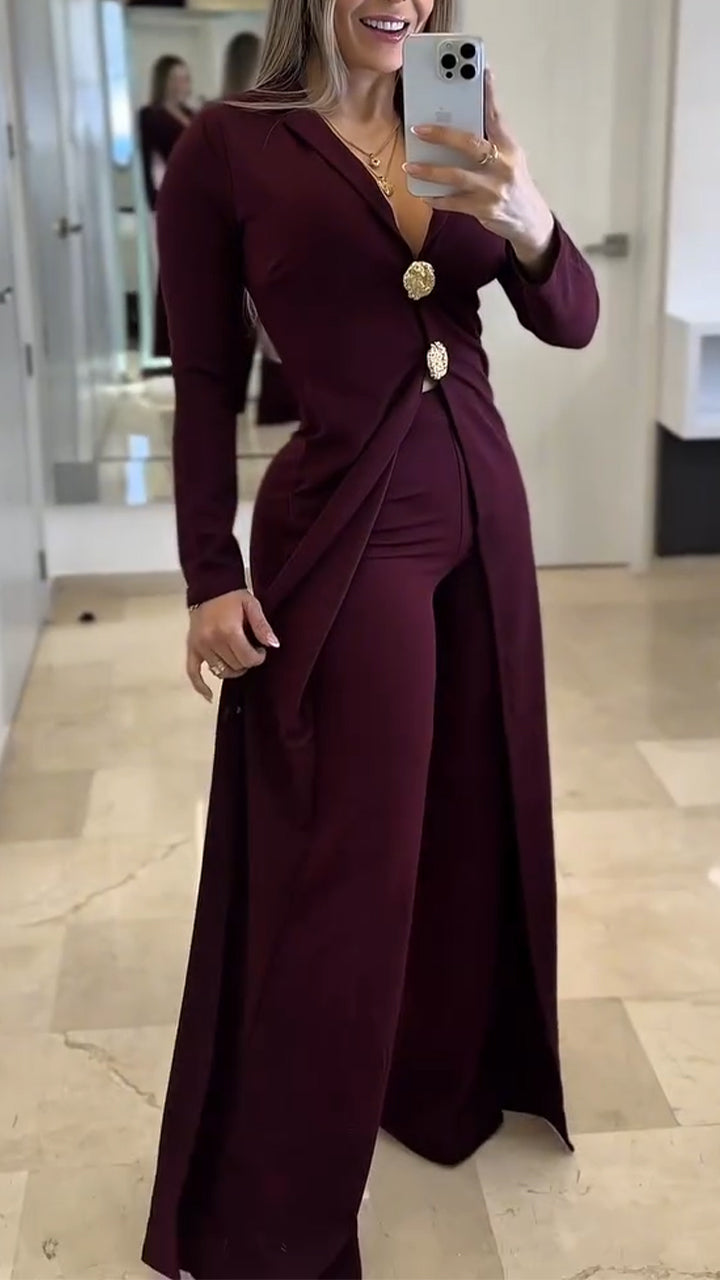Ensemble de loisirs pour femme avec haut long et pantalon, col à revers 