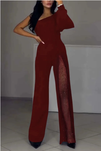 Combinaison pour femme en mélange de coton, décolleté épaules dénudées et fente haute 