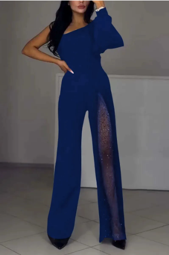 Combinaison pour femme en mélange de coton, décolleté épaules dénudées et fente haute 