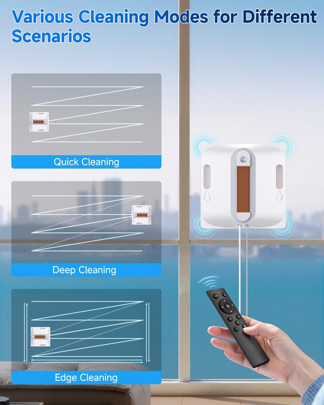 Automatischer Fenster- und Glasreinigungsroboter, ausgestattet mit einem vierstufigen Wassersprühsystem, achtstufigem Sicherheitsschutz, kollisionsresistenter Kantenerkennung und intelligenter Routenplanungsfunktion.