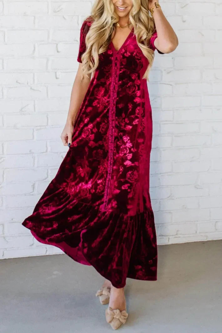 Robe longue élégante en velours avec bordure en dentelle et patte de boutonnage (style vintage) – 🎄 Offre exclusive de Noël 
