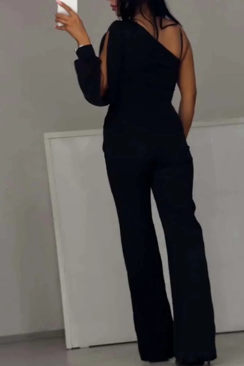 Combinaison pour femme en mélange de coton, décolleté épaules dénudées et fente haute 