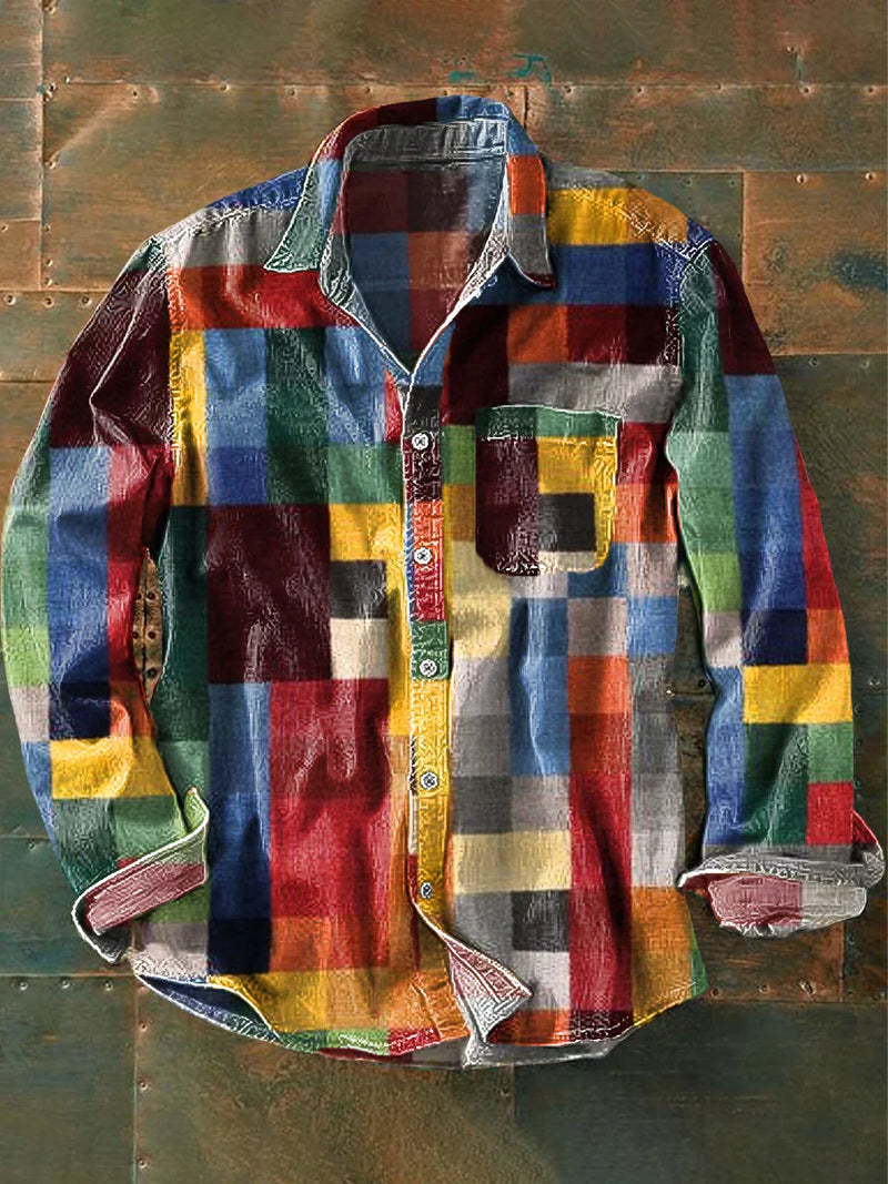 Chemise unisexe à carreaux arc-en-ciel – Modèle vintage, manches longues, avec poches