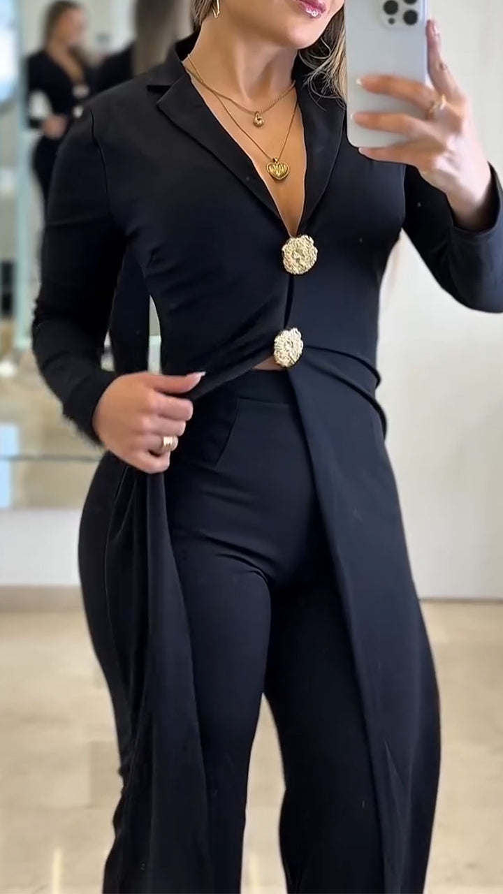 Ensemble de loisirs pour femme avec haut long et pantalon, col à revers 