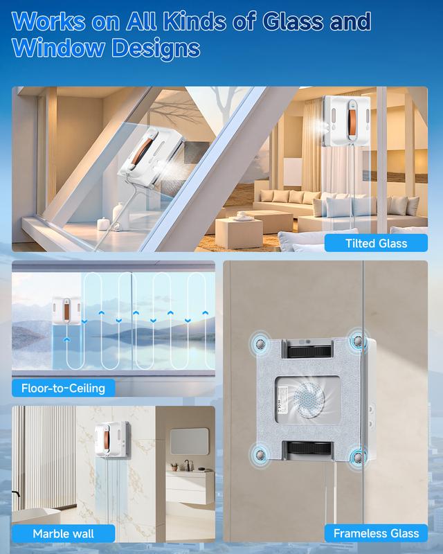 Automatischer Fenster- und Glasreinigungsroboter, ausgestattet mit einem vierstufigen Wassersprühsystem, achtstufigem Sicherheitsschutz, kollisionsresistenter Kantenerkennung und intelligenter Routenplanungsfunktion.