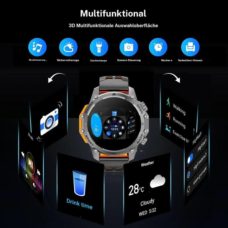 1,52'' HD-Smartwatch für Herren – Telefonieren und Musiksteuerung – Mehrere Sportmodi – Wasserdicht gemäß IP68 – Lange Akkulaufzeit – Fitnessuhr für Android und iPhone
