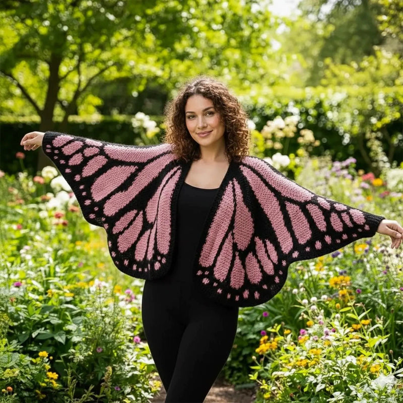 Monarch Butterfly Häkel-Cardigan-Cape – Handgehäkelter Oversize Poncho mit Flügel-Design in Orange/Schwarz | Kuschelig & Statement-Look | Jetzt -20% Angebot