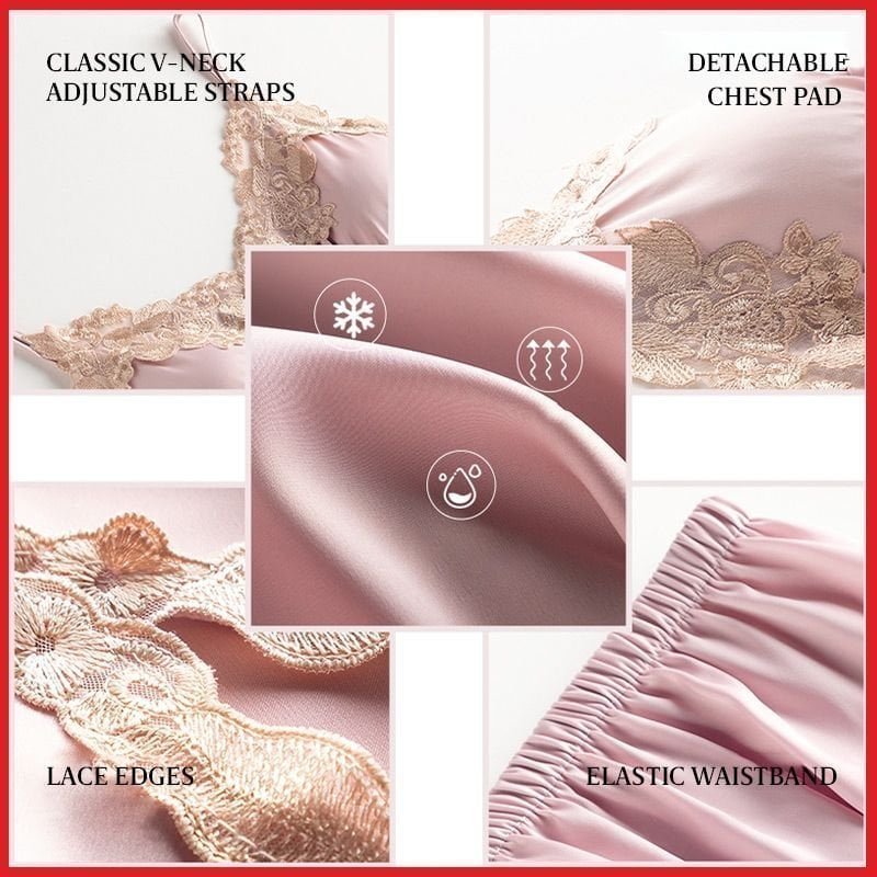 Kuschelwohl™ Eisseide-Schlafanzug Set mit Spitze (2- oder 5-teilig) – Sexy & Bequem 🎁 Weihnachts-Sale