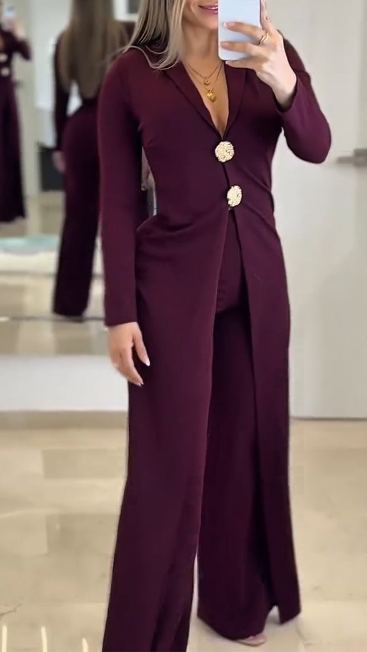 Ensemble de loisirs pour femme avec haut long et pantalon, col à revers 