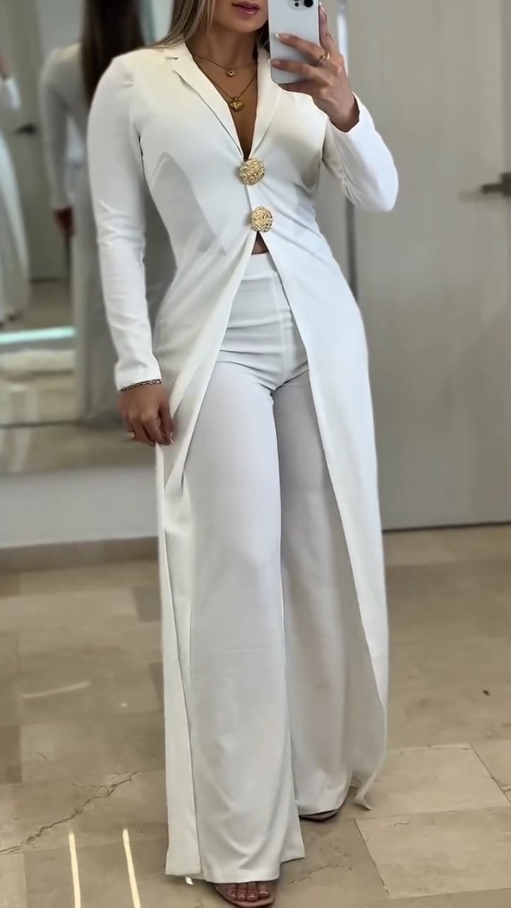 Ensemble de loisirs pour femme avec haut long et pantalon, col à revers 