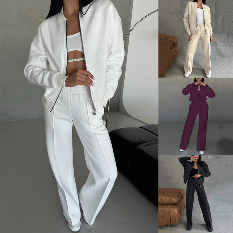 Ensemble deux pièces pour femme, coupe décontractée – Veste zippée et pantalon à jambes larges – 49 % de réduction ! 