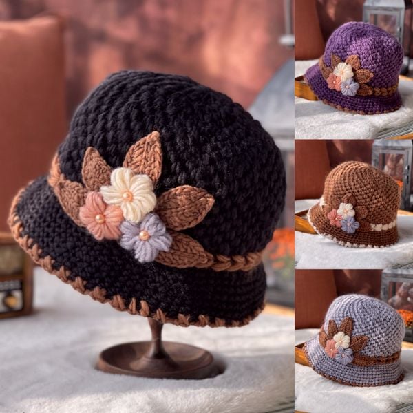🎄 Bonnet en laine tricoté à la main avec un motif floral pour femme – chaud et élégant pour l'hiver ! 🌸 