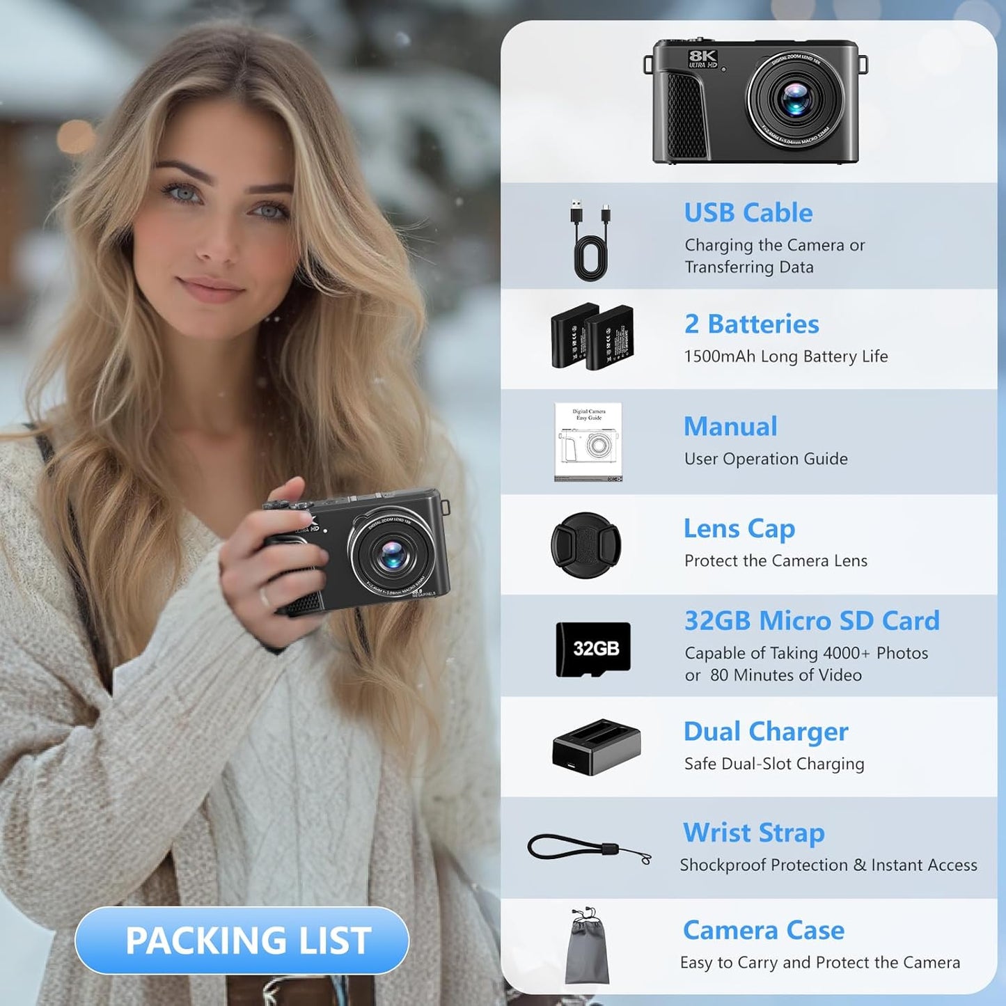 8K-Digitalkamera mit 88 MP und 3-Zoll-180°-Klappbildschirm