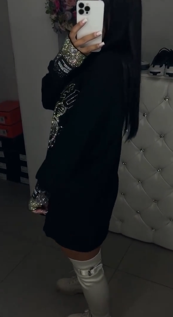 Damen-Freizeittop mit Rundhalsausschnitt, Leopardenmuster und Strasssteinen