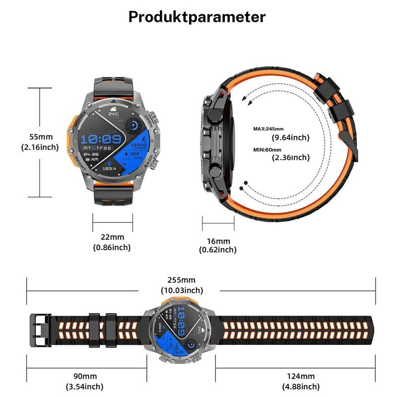 1,52'' HD-Smartwatch für Herren – Telefonieren und Musiksteuerung – Mehrere Sportmodi – Wasserdicht gemäß IP68 – Lange Akkulaufzeit – Fitnessuhr für Android und iPhone