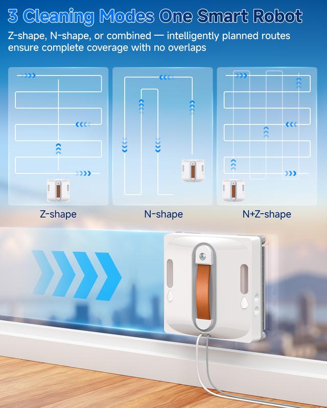 Automatischer Fenster- und Glasreinigungsroboter, ausgestattet mit einem vierstufigen Wassersprühsystem, achtstufigem Sicherheitsschutz, kollisionsresistenter Kantenerkennung und intelligenter Routenplanungsfunktion.