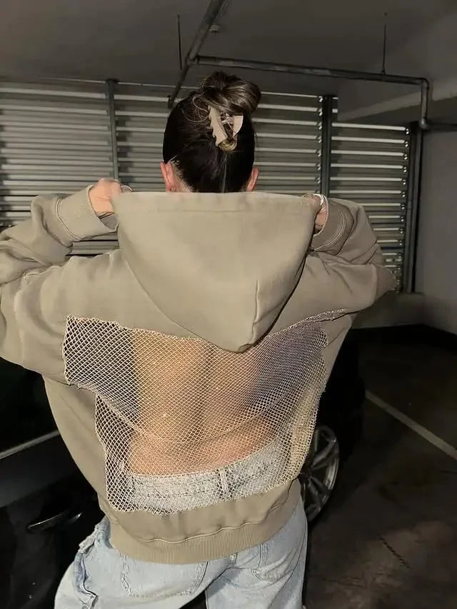 Damen-Hoodie aus Glitzer-Mesh mit offenem Rücken