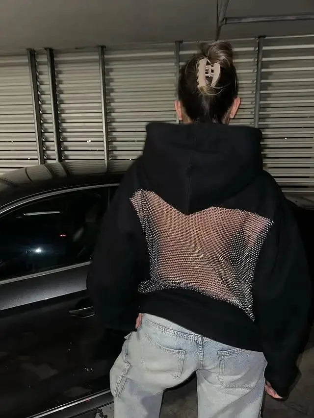 Damen-Hoodie aus Glitzer-Mesh mit offenem Rücken