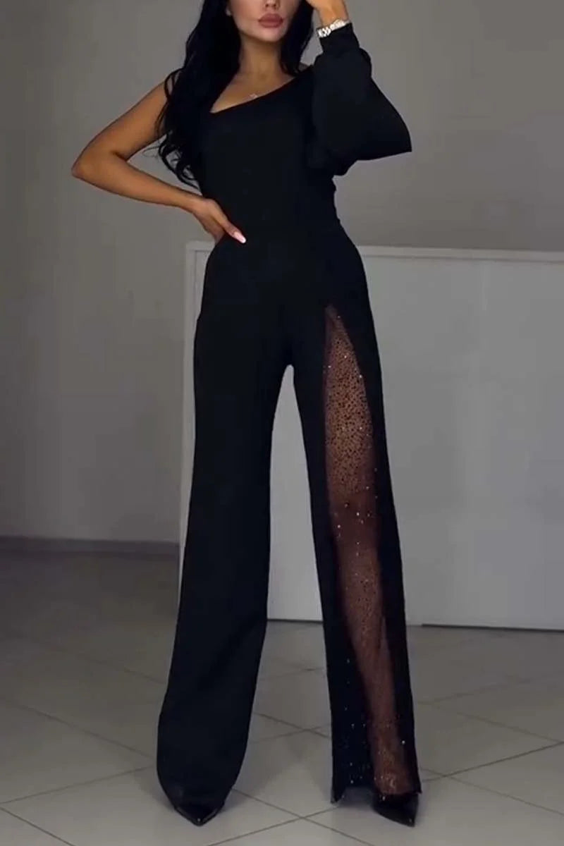 Combinaison pour femme en mélange de coton, décolleté épaules dénudées et fente haute 