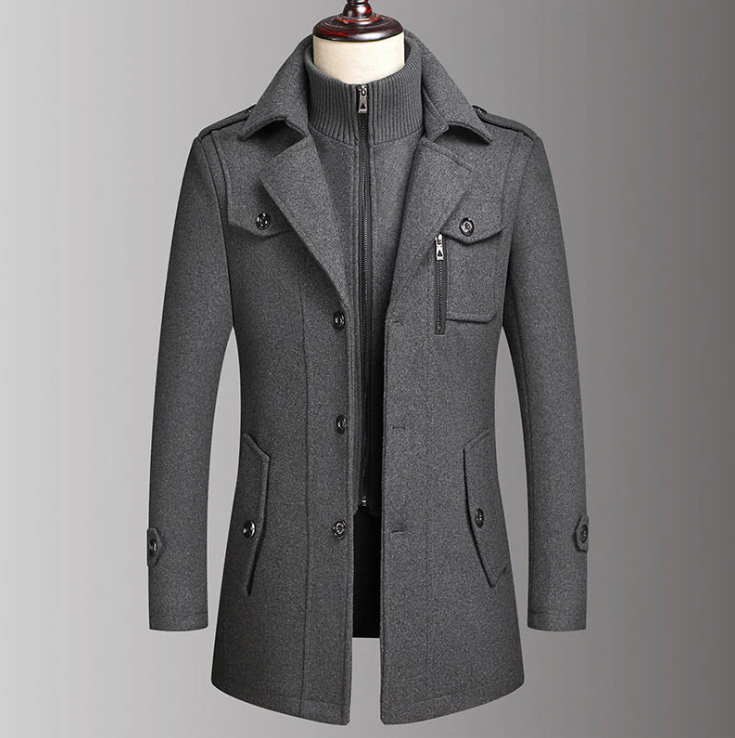 Herren-Wintermantel Klassischer Trenchcoat Herren-Langer Trenchcoat Slim-Fit-Mantel Warmes Mäntel aus Wollmischung Trenchcoat