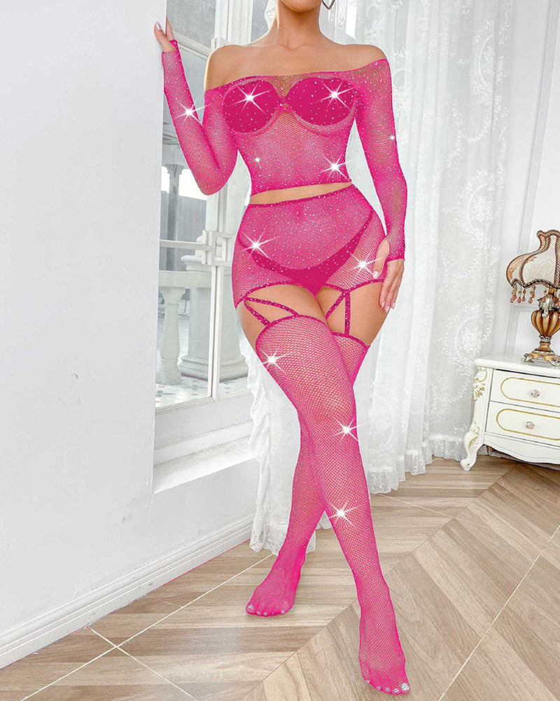 Sexy Strass-Netzrock-Set mit langen Ärmeln
