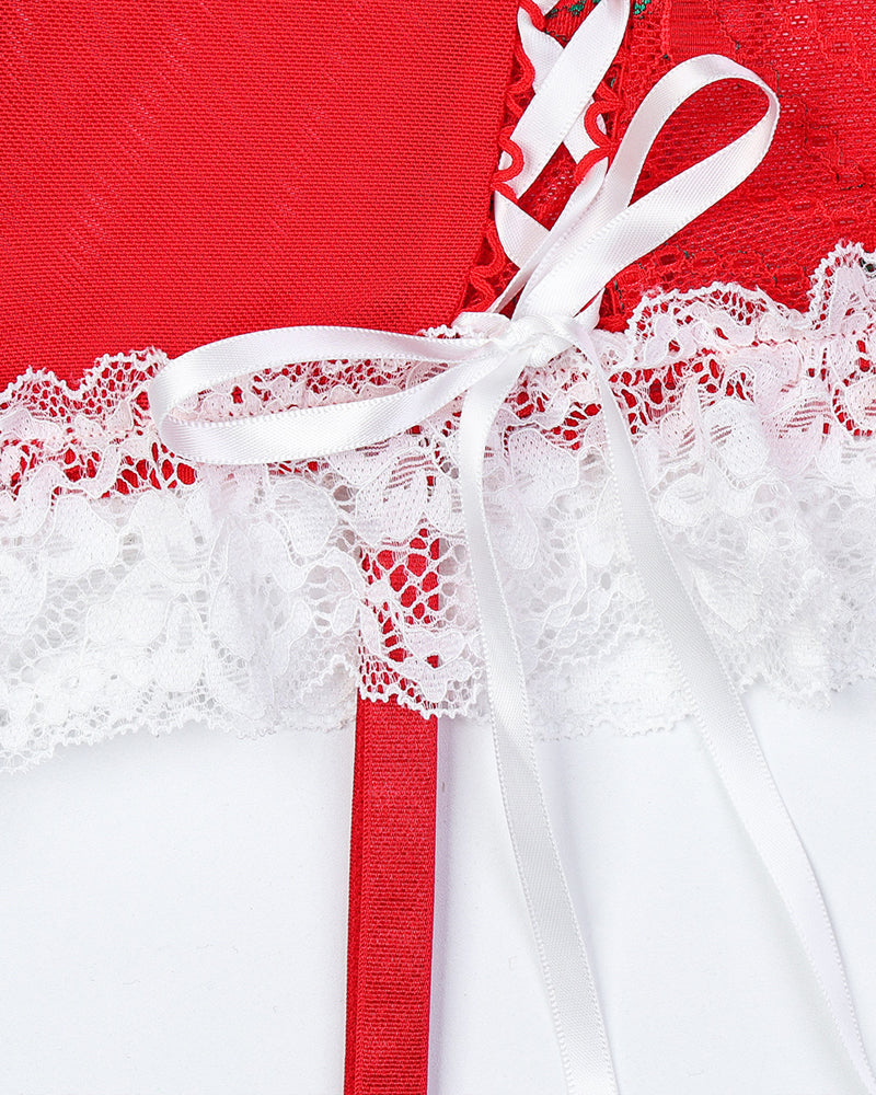 Sexy Weihnachts-Dessous-Set aus durchsichtiger Spitze und Strümpfen– 40% Weihnachts-Rabatt