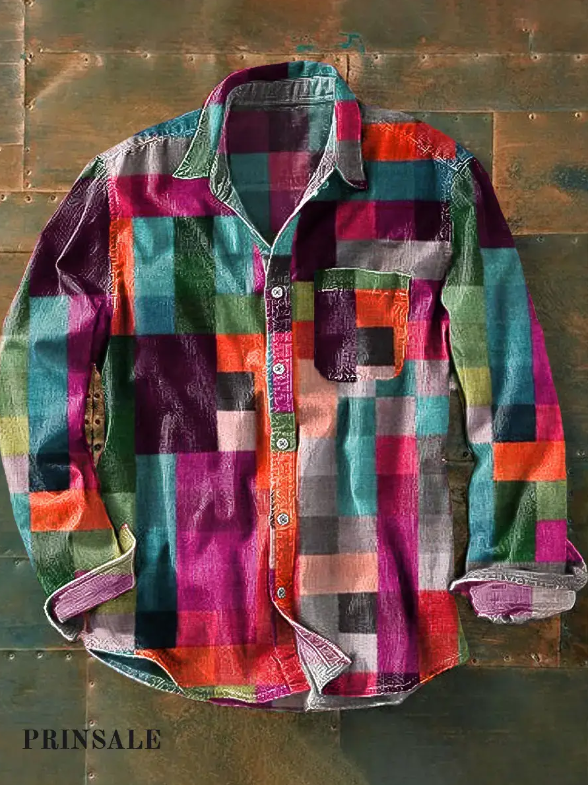 Unisex Einfaches Regenbogen Farbiges Karo Hemd – Vintage Design, Langer Arm, Mit Taschen
