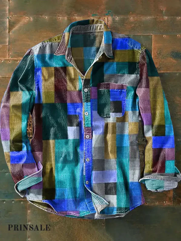 Chemise unisexe à carreaux arc-en-ciel – Modèle vintage, manches longues, avec poches