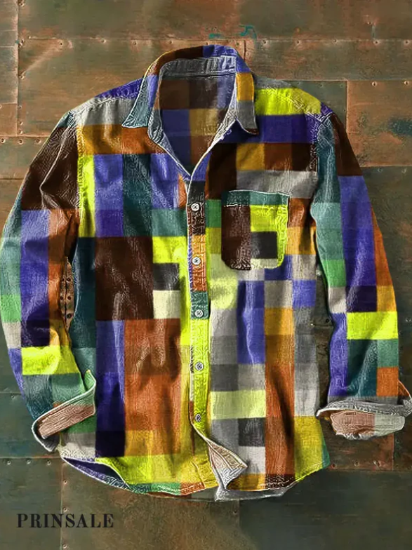 Unisex Einfaches Regenbogen Farbiges Karo Hemd – Vintage Design, Langer Arm, Mit Taschen