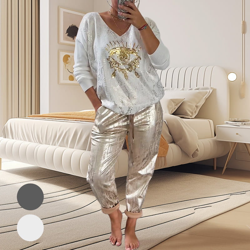 🌷LETZTER TAG DES SALE 50 % RABATT⏰Set aus Oberteil mit Goldfolie „Devil's Eye“ und Paillettenhose