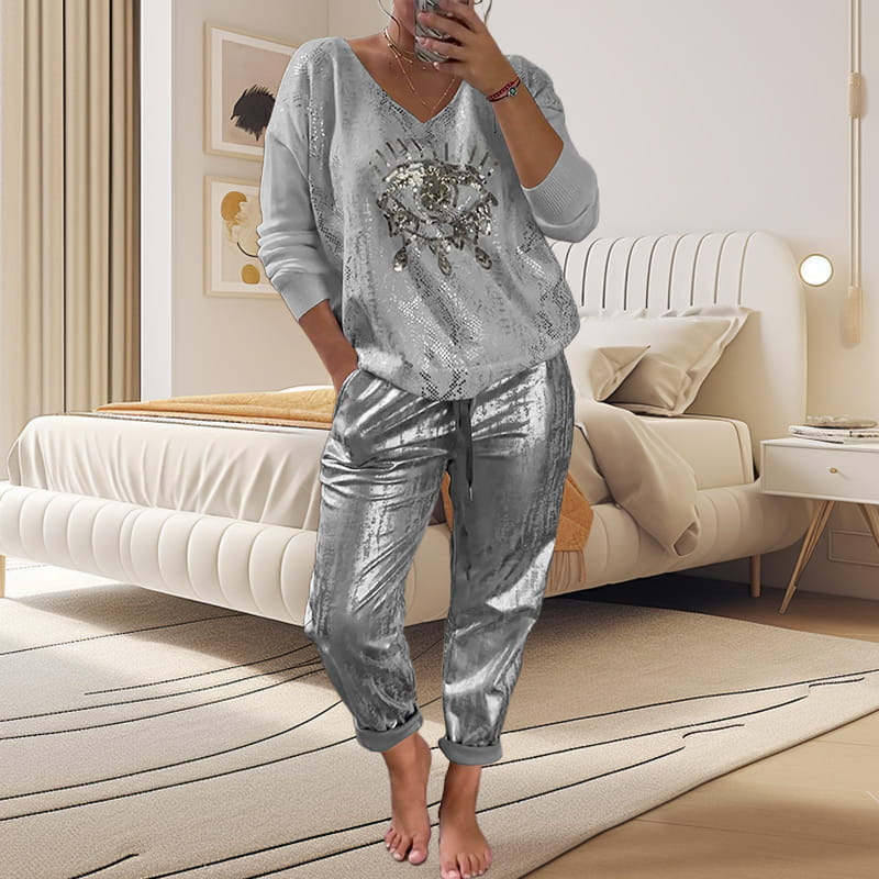 🌷LETZTER TAG DES SALE 50 % RABATT⏰Set aus Oberteil mit Goldfolie „Devil's Eye“ und Paillettenhose