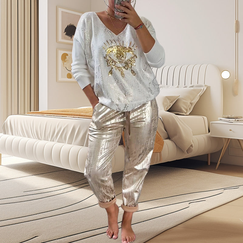 🌷LETZTER TAG DES SALE 50 % RABATT⏰Set aus Oberteil mit Goldfolie „Devil's Eye“ und Paillettenhose
