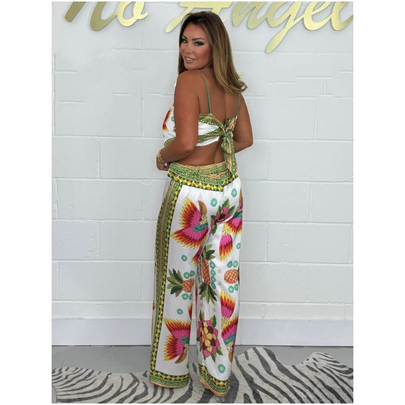 🔥Top-Angebot – Zweiteiliges Set für Damen: Spaghettiträger-Top mit Print und lockere Hose