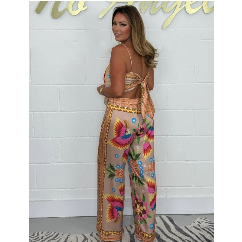 🔥Top-Angebot – Zweiteiliges Set für Damen: Spaghettiträger-Top mit Print und lockere Hose