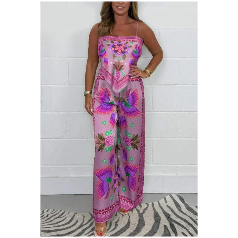 🔥Top-Angebot – Zweiteiliges Set für Damen: Spaghettiträger-Top mit Print und lockere Hose