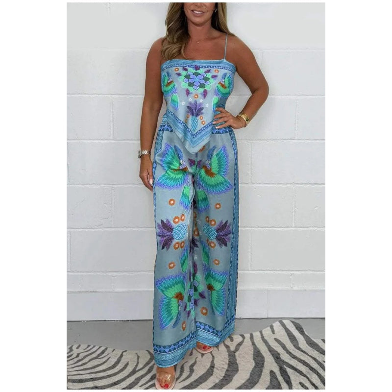 🔥Top-Angebot – Zweiteiliges Set für Damen: Spaghettiträger-Top mit Print und lockere Hose